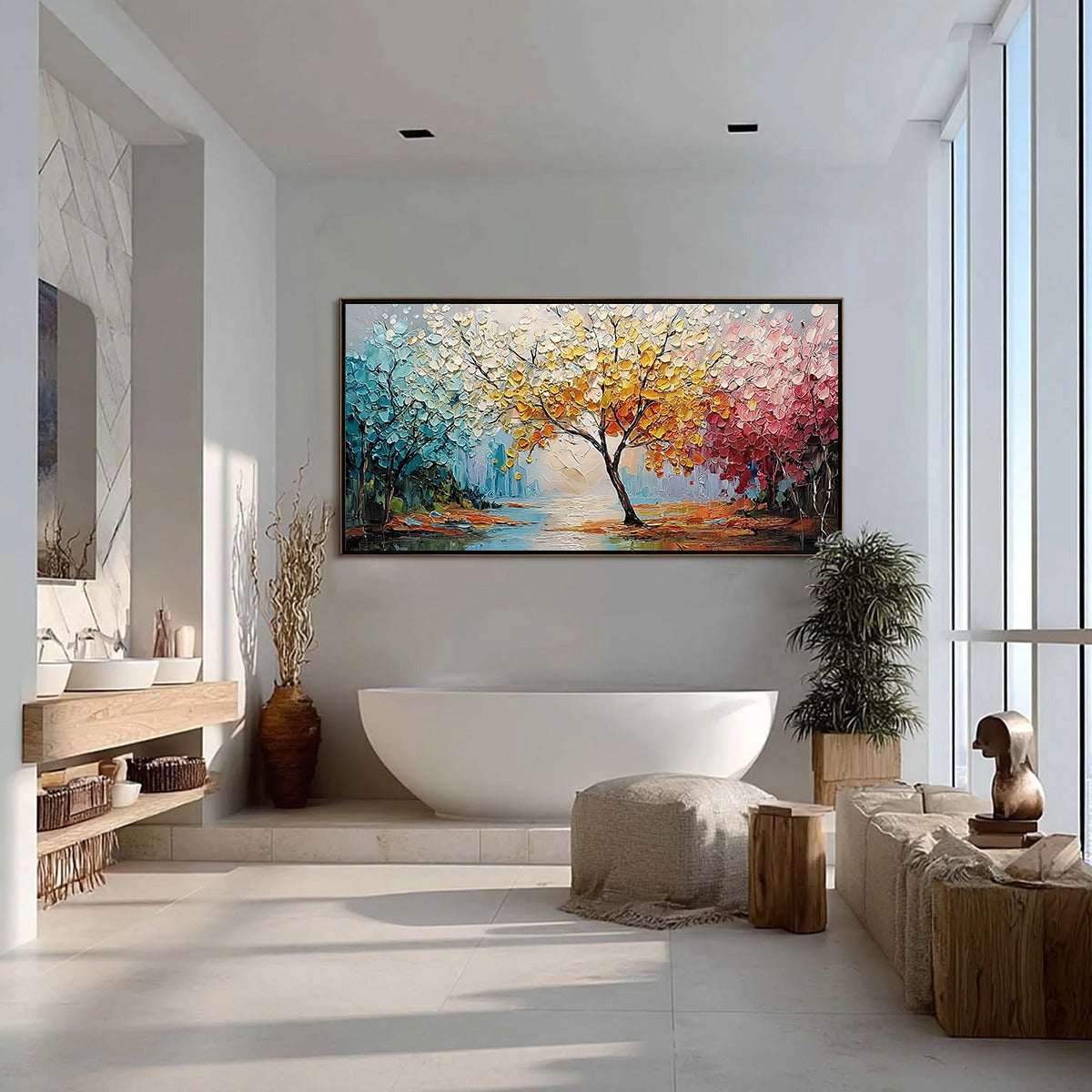 KALEIDOSCOPE OF SEASONS: Large Textured Palette Knife Tree Landscape Oil Painting - Image 4