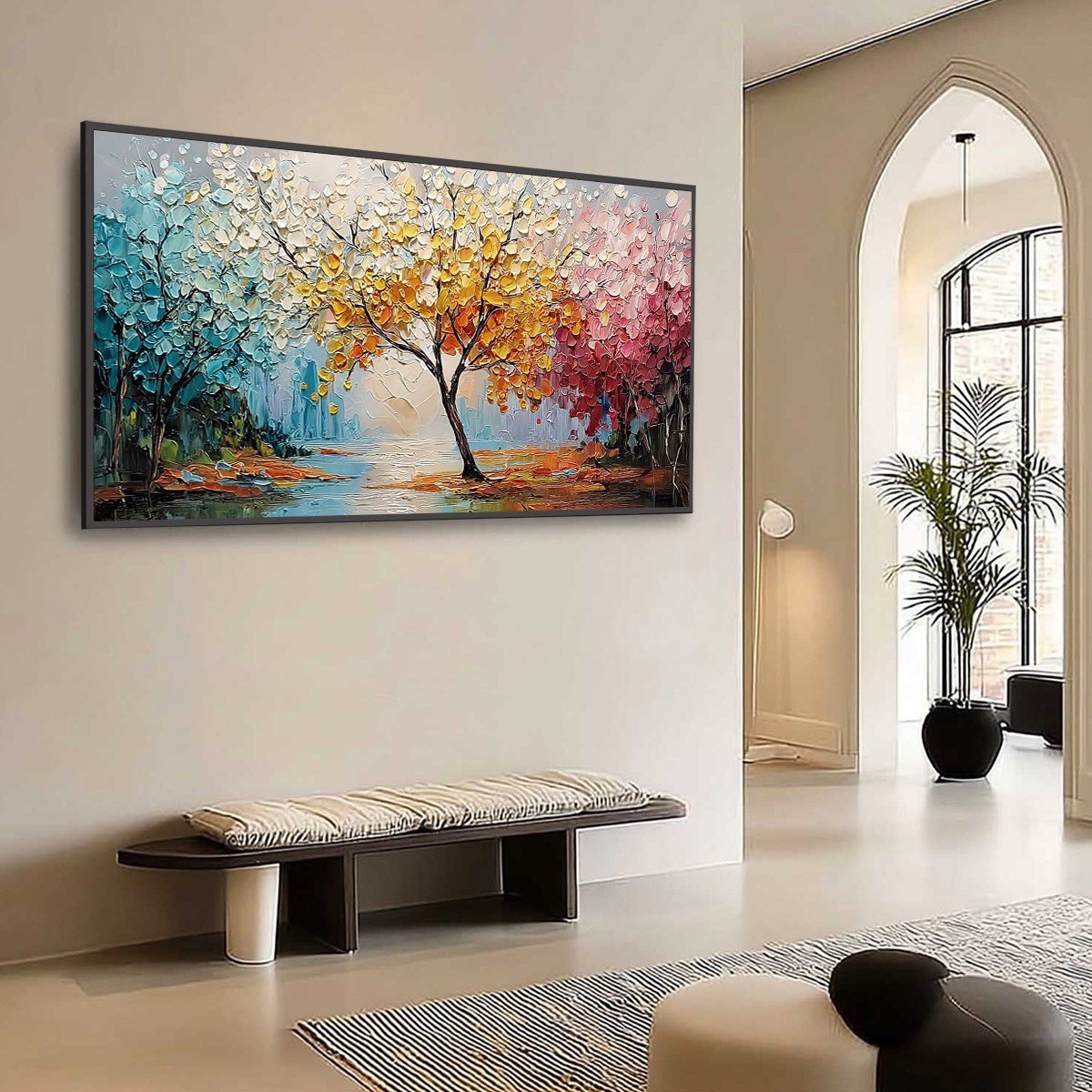 KALEIDOSCOPE OF SEASONS: Large Textured Palette Knife Tree Landscape Oil Painting - Image 7