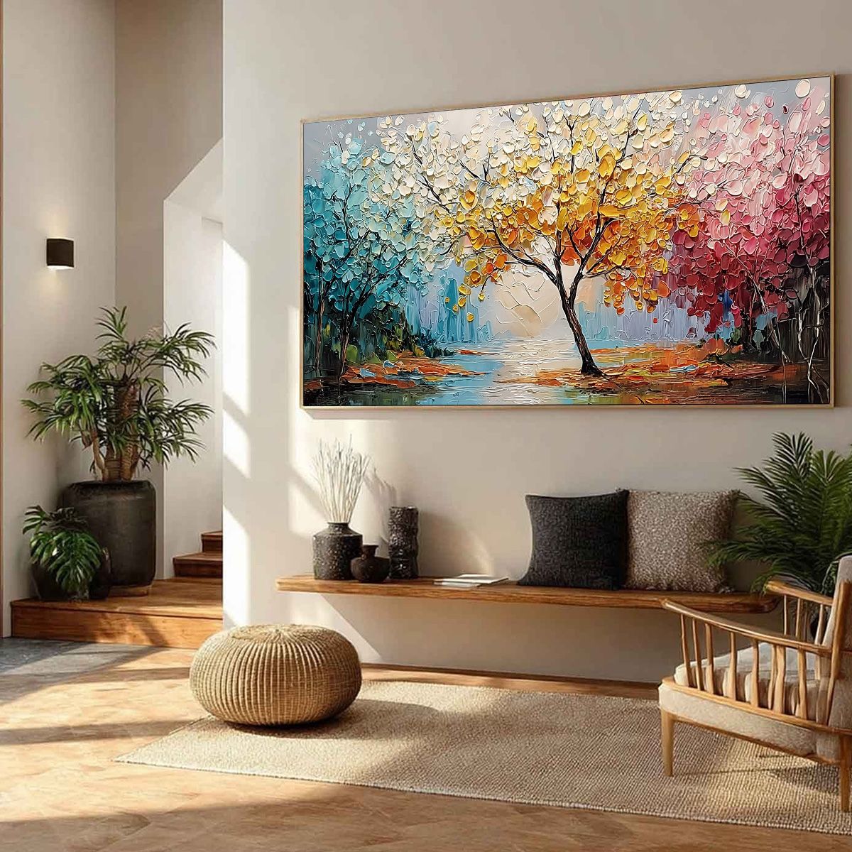 KALEIDOSCOPE OF SEASONS: Large Textured Palette Knife Tree Landscape Oil Painting - Image 8