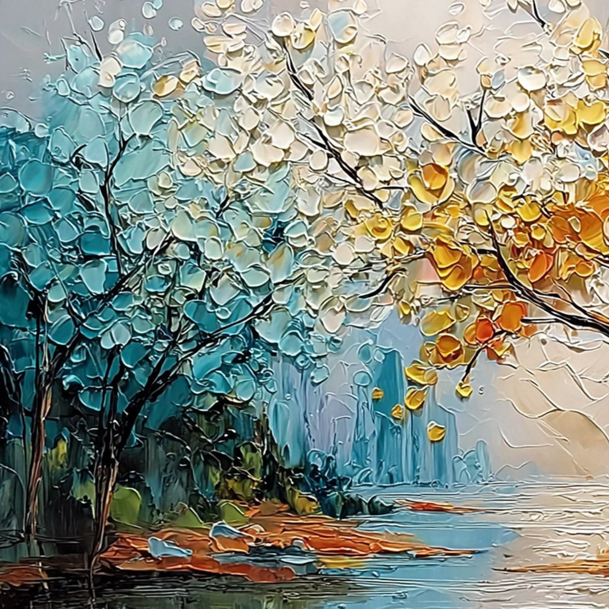KALEIDOSCOPE OF SEASONS: Large Textured Palette Knife Tree Landscape Oil Painting - Image 3