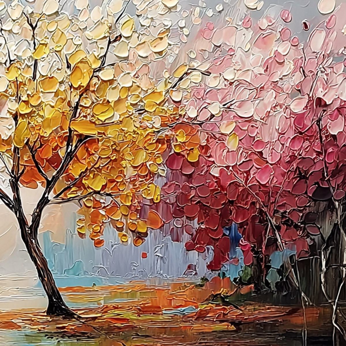 KALEIDOSCOPE OF SEASONS: Large Textured Palette Knife Tree Landscape Oil Painting - Image 5
