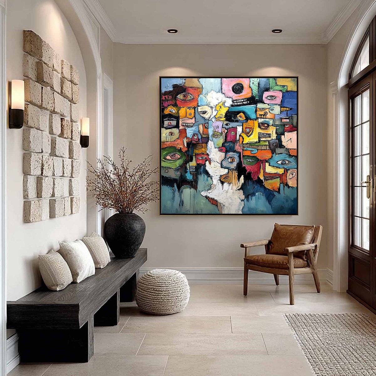 KALEIDOSCOPE OF SOULS: Large Colorful Abstract Faces Oil Painting - Image 4