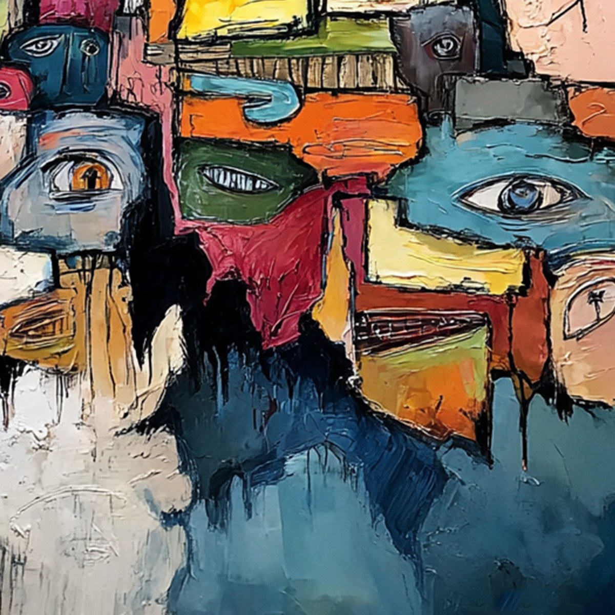 KALEIDOSCOPE OF SOULS: Large Colorful Abstract Faces Oil Painting - Image 3