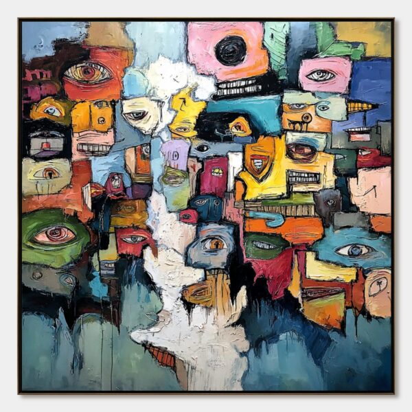 KALEIDOSCOPE OF SOULS: Large Colorful Abstract Faces Oil Painting