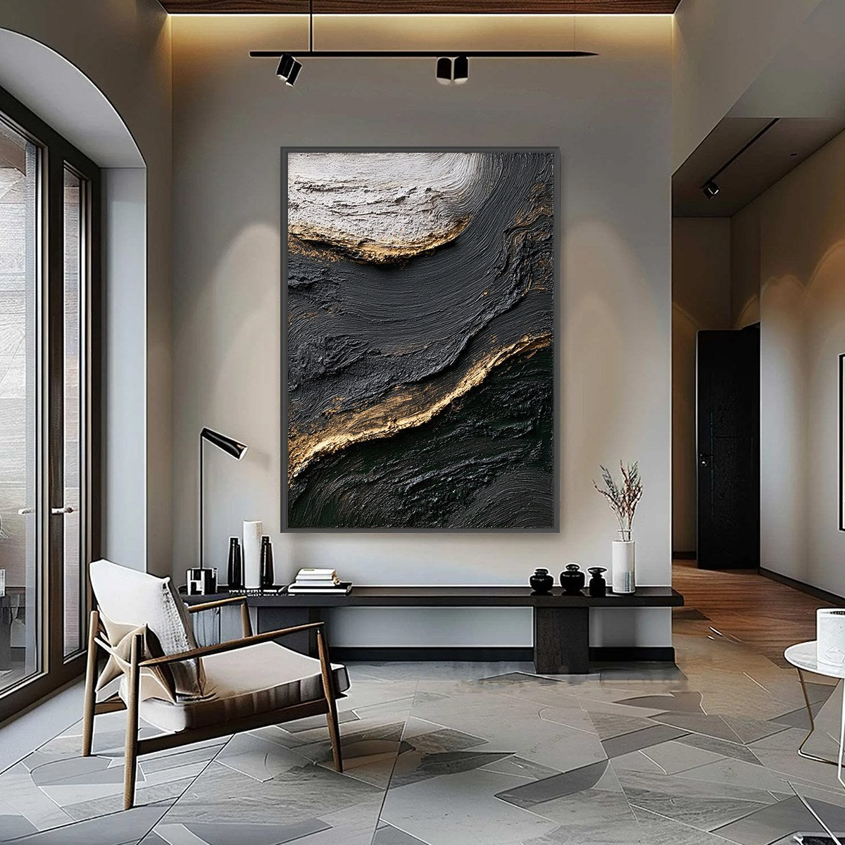KINTSUGI RIVER: Wabi Sabi Textured Abstract Art in Black, White, and Gold - Image 2