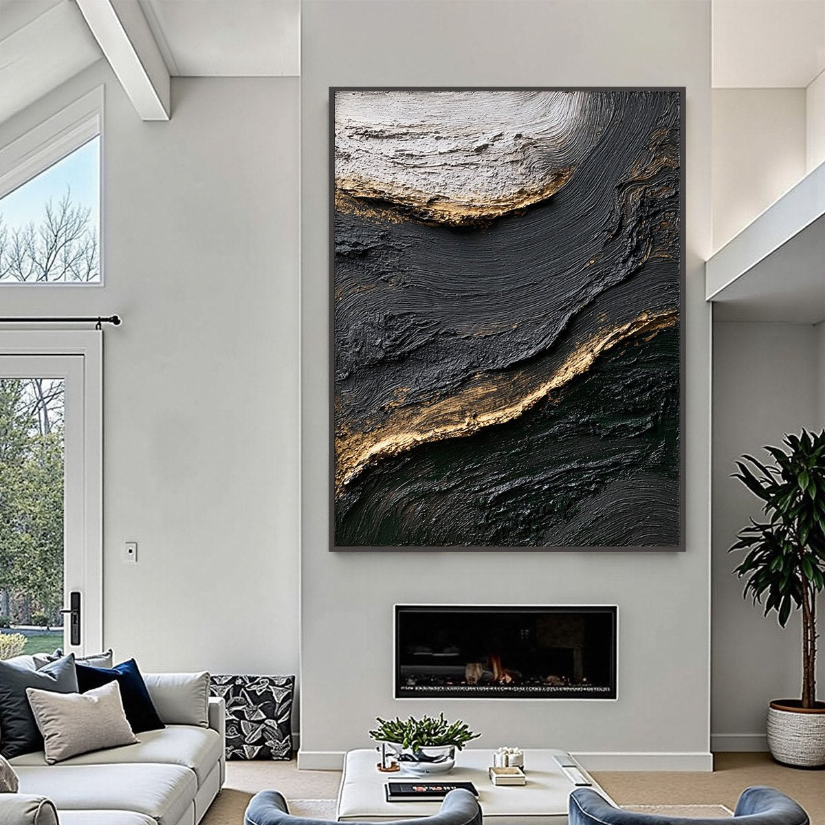 KINTSUGI RIVER: Wabi Sabi Textured Abstract Art in Black, White, and Gold - Image 4