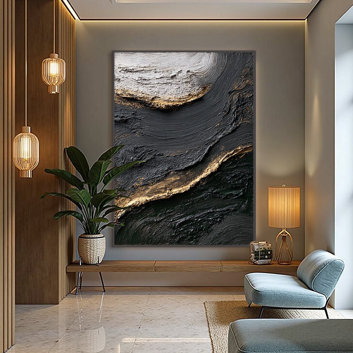 KINTSUGI RIVER: Wabi Sabi Textured Abstract Art in Black, White, and Gold - Image 6