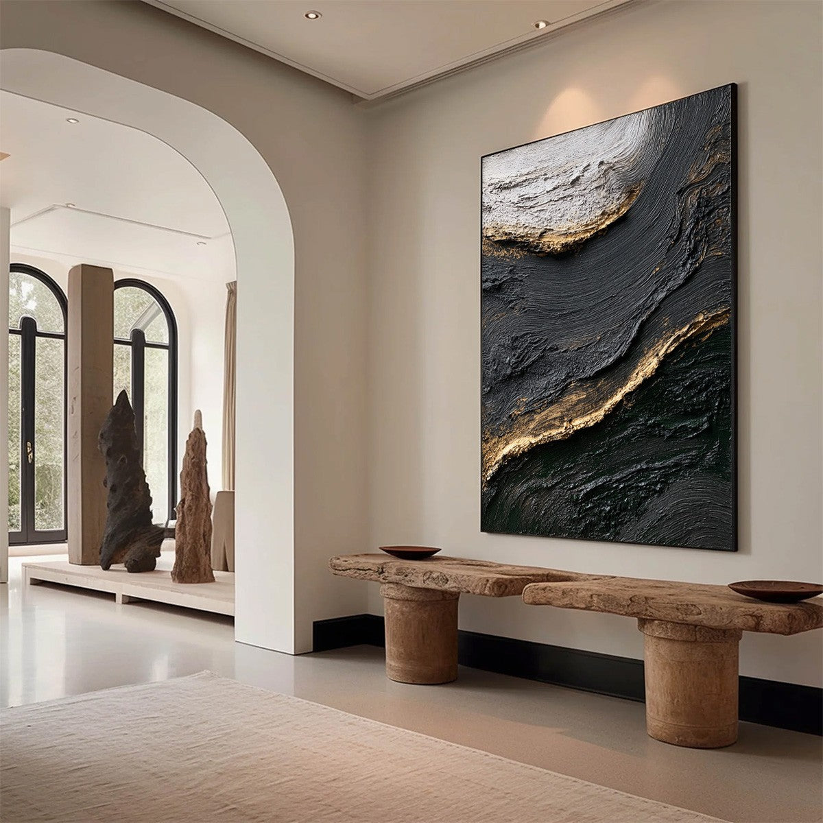 KINTSUGI RIVER: Wabi Sabi Textured Abstract Art in Black, White, and Gold - Image 7