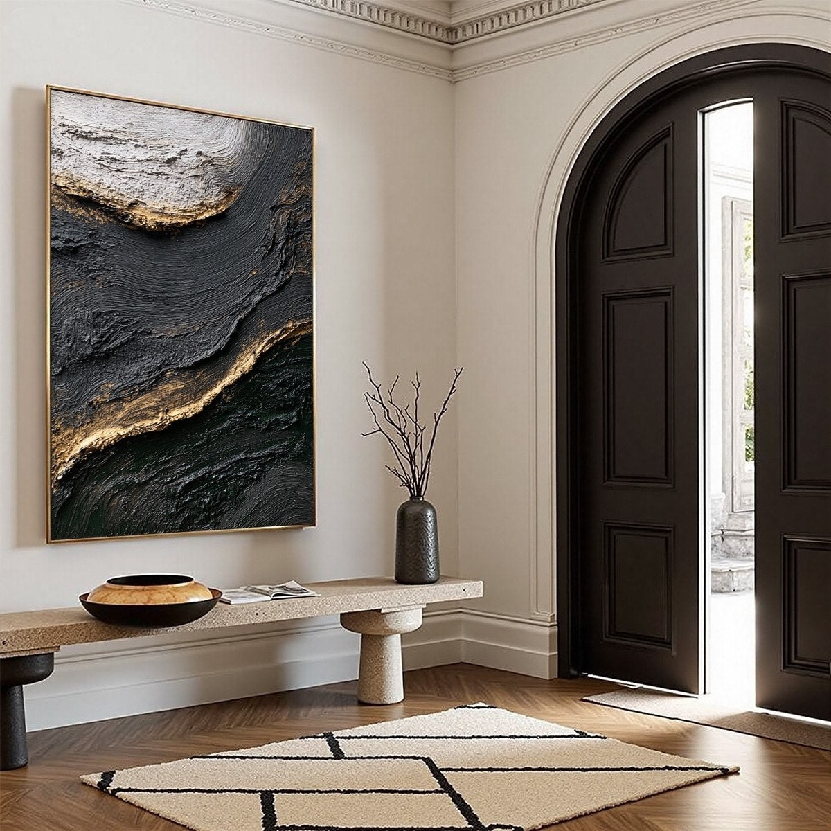 KINTSUGI RIVER: Wabi Sabi Textured Abstract Art in Black, White, and Gold - Image 8