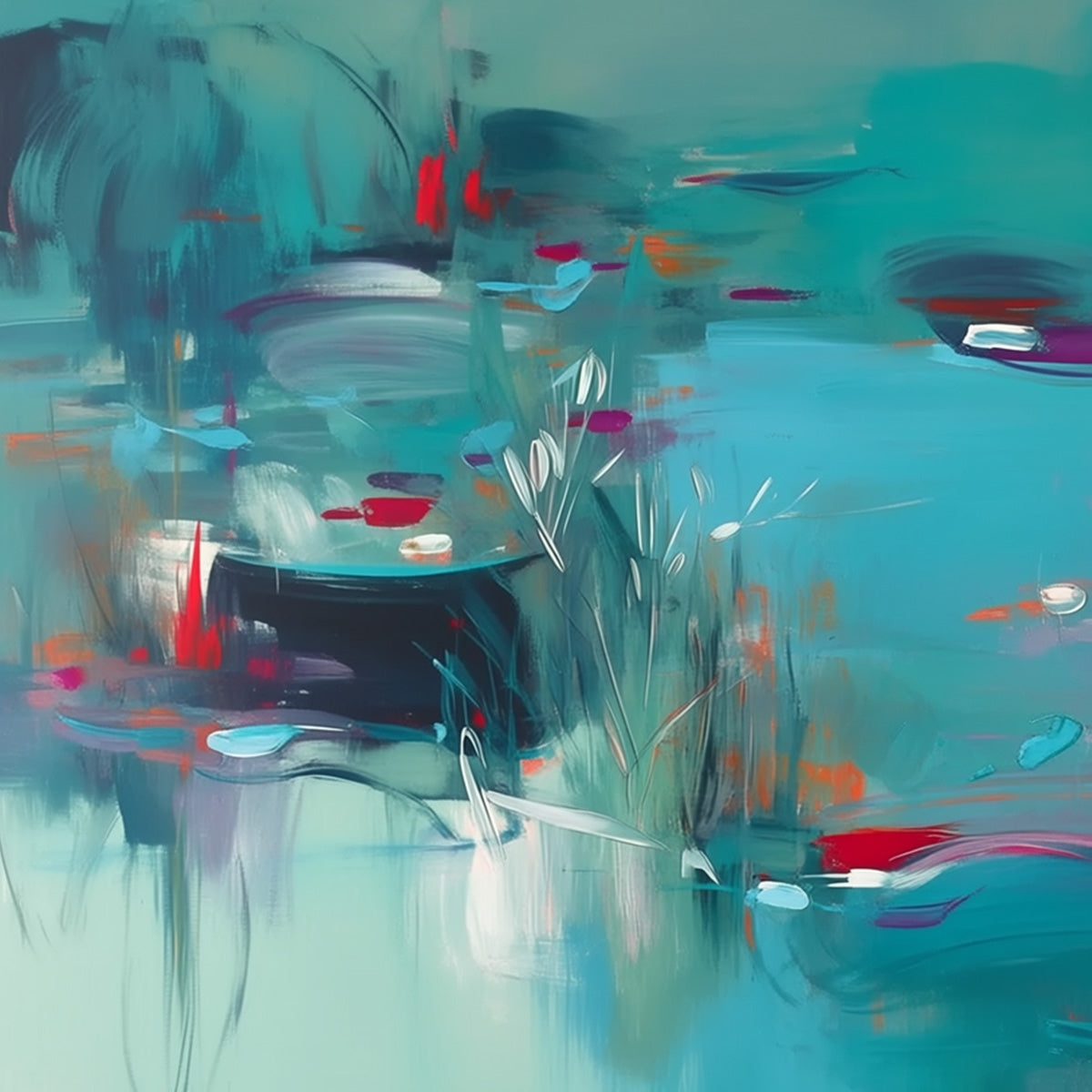 LILAC REVERIE: Modern Abstract Waterscape Painting in Teal and Red - Image 3
