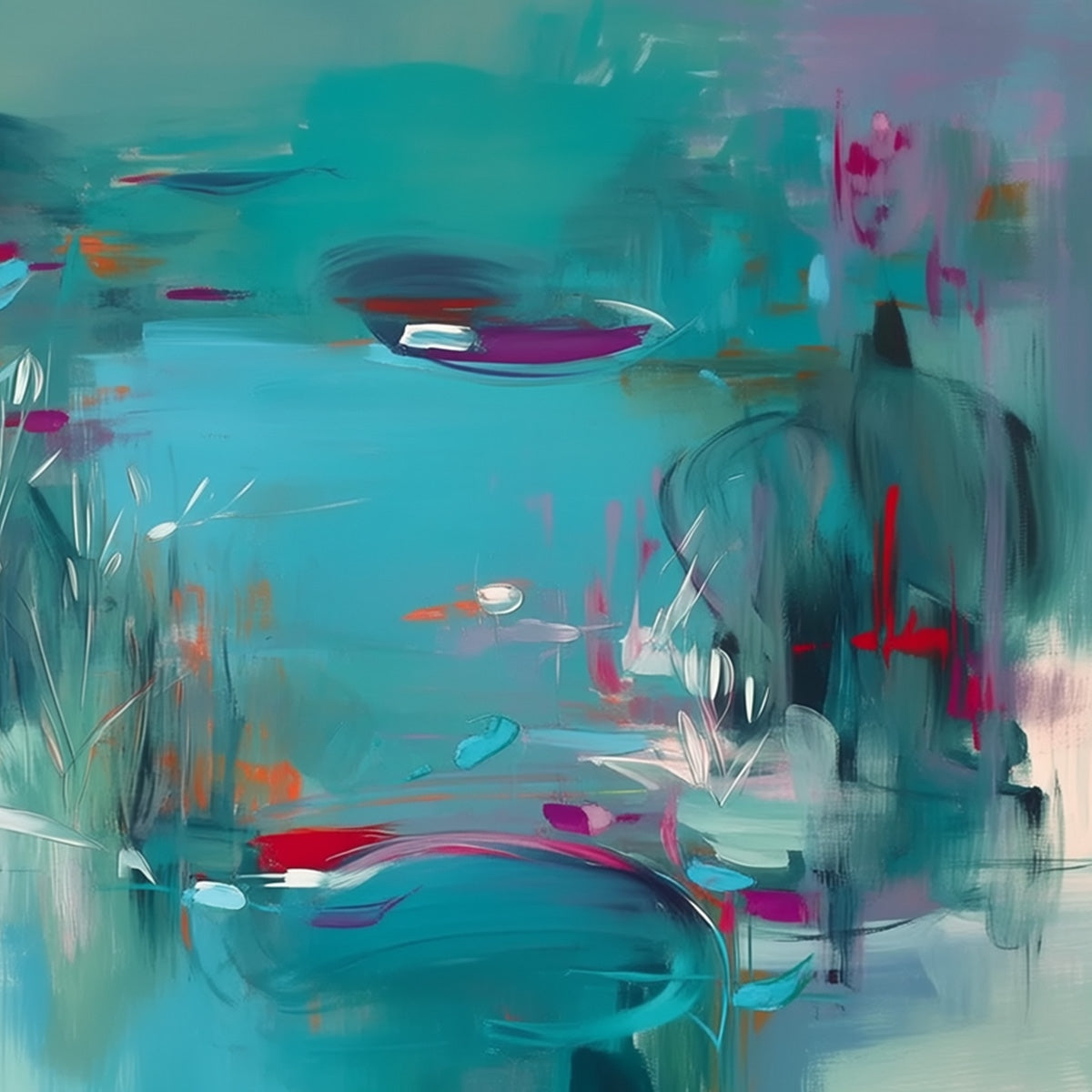 LILAC REVERIE: Modern Abstract Waterscape Painting in Teal and Red - Image 5