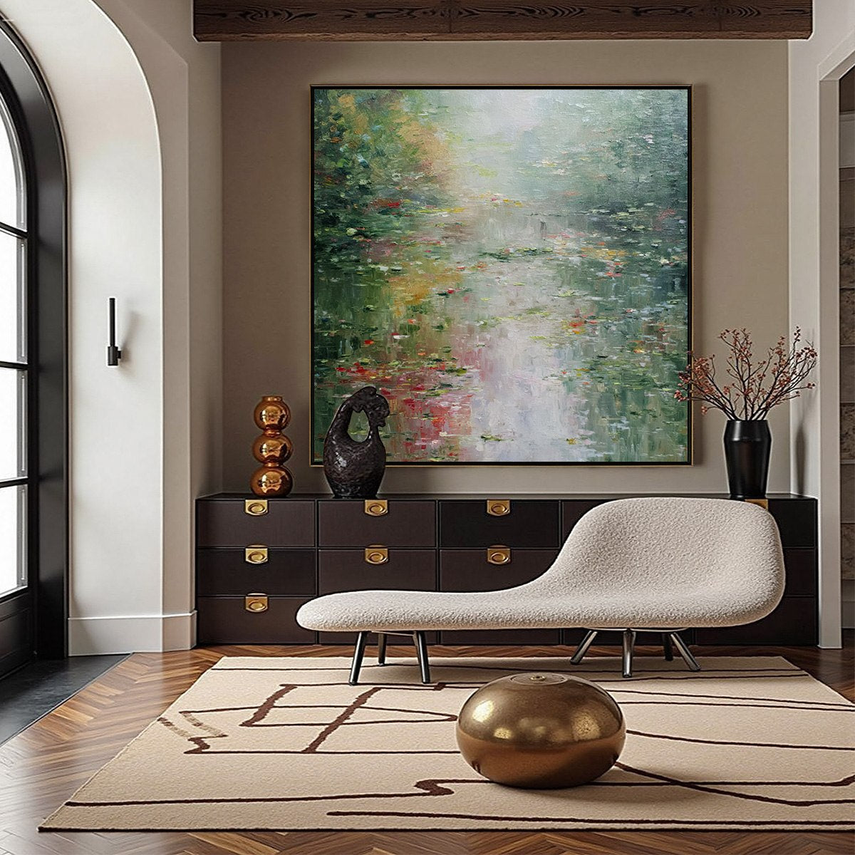 LILY POND REVERIE: Square Impressionist Water Lily Pond Oil Painting - Image 6