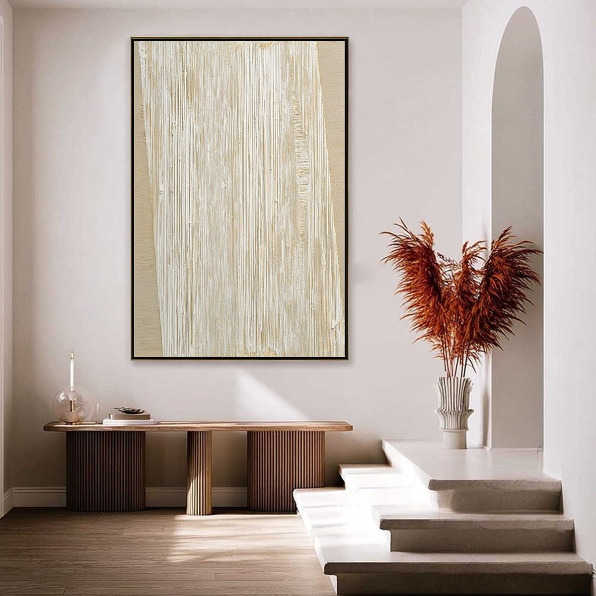 LINEAR CALM: Textured Minimalist Abstract Painting in Beige - Image 4