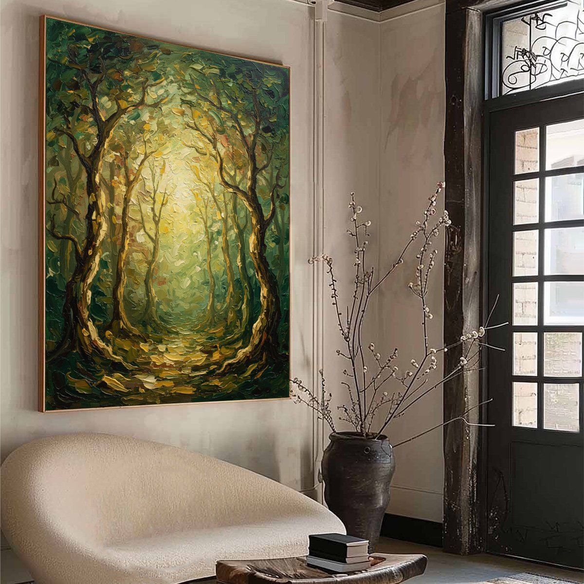 LUMINOUS TRAIL: Textured Impasto Forest Path Oil Painting - Image 8