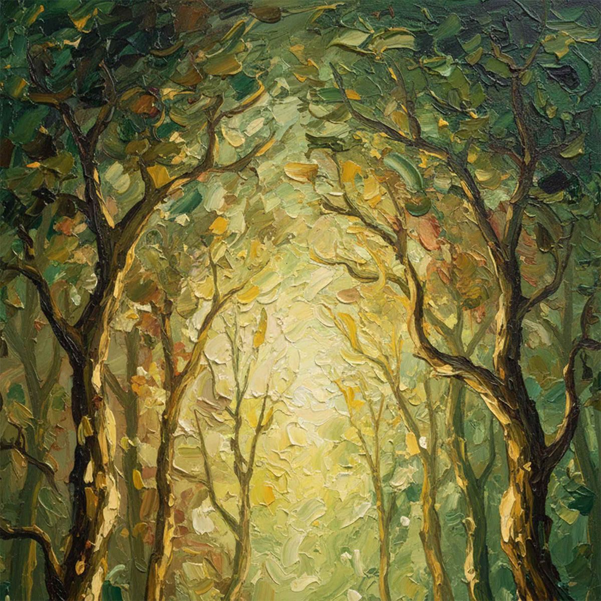 LUMINOUS TRAIL: Textured Impasto Forest Path Oil Painting - Image 5
