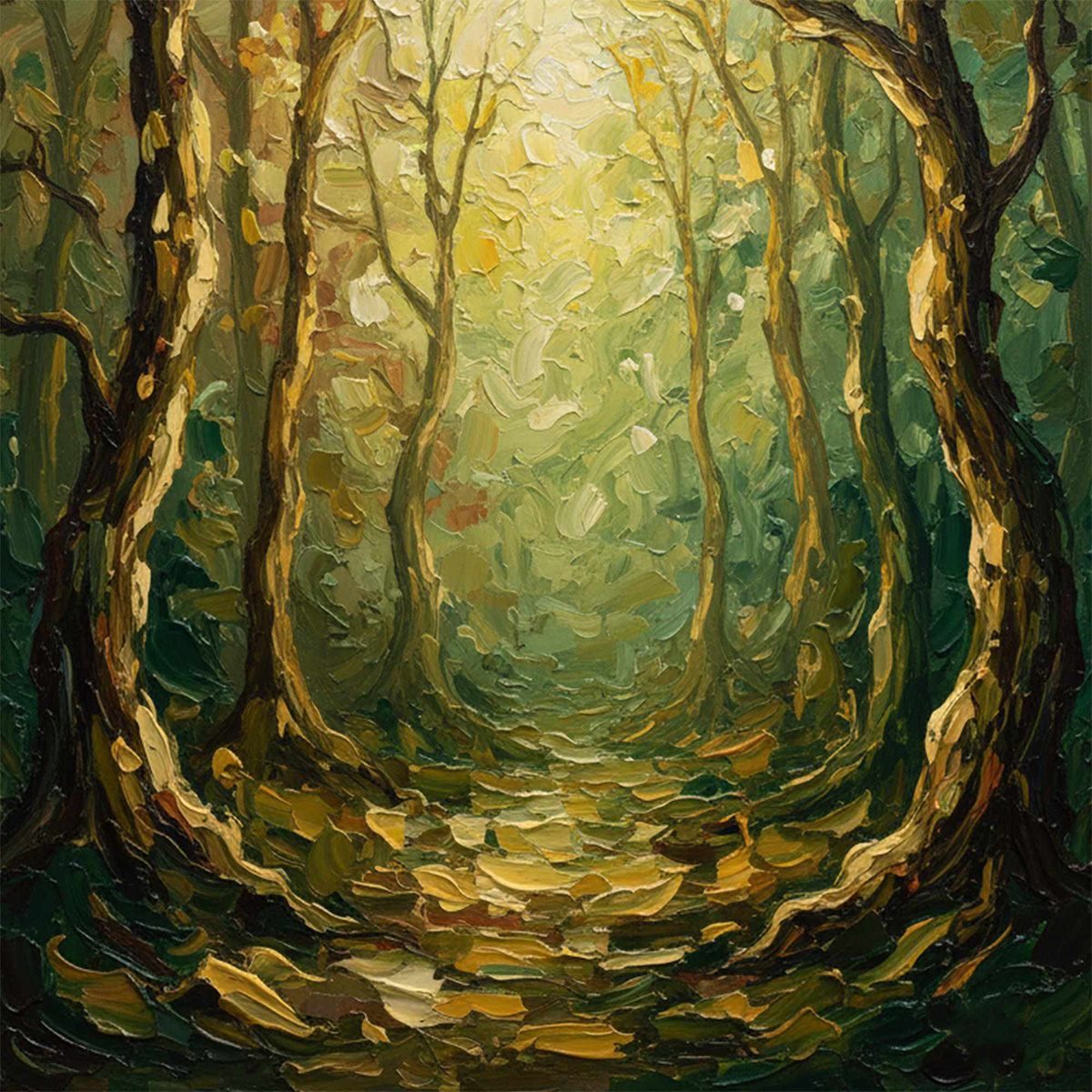 LUMINOUS TRAIL: Textured Impasto Forest Path Oil Painting - Image 3