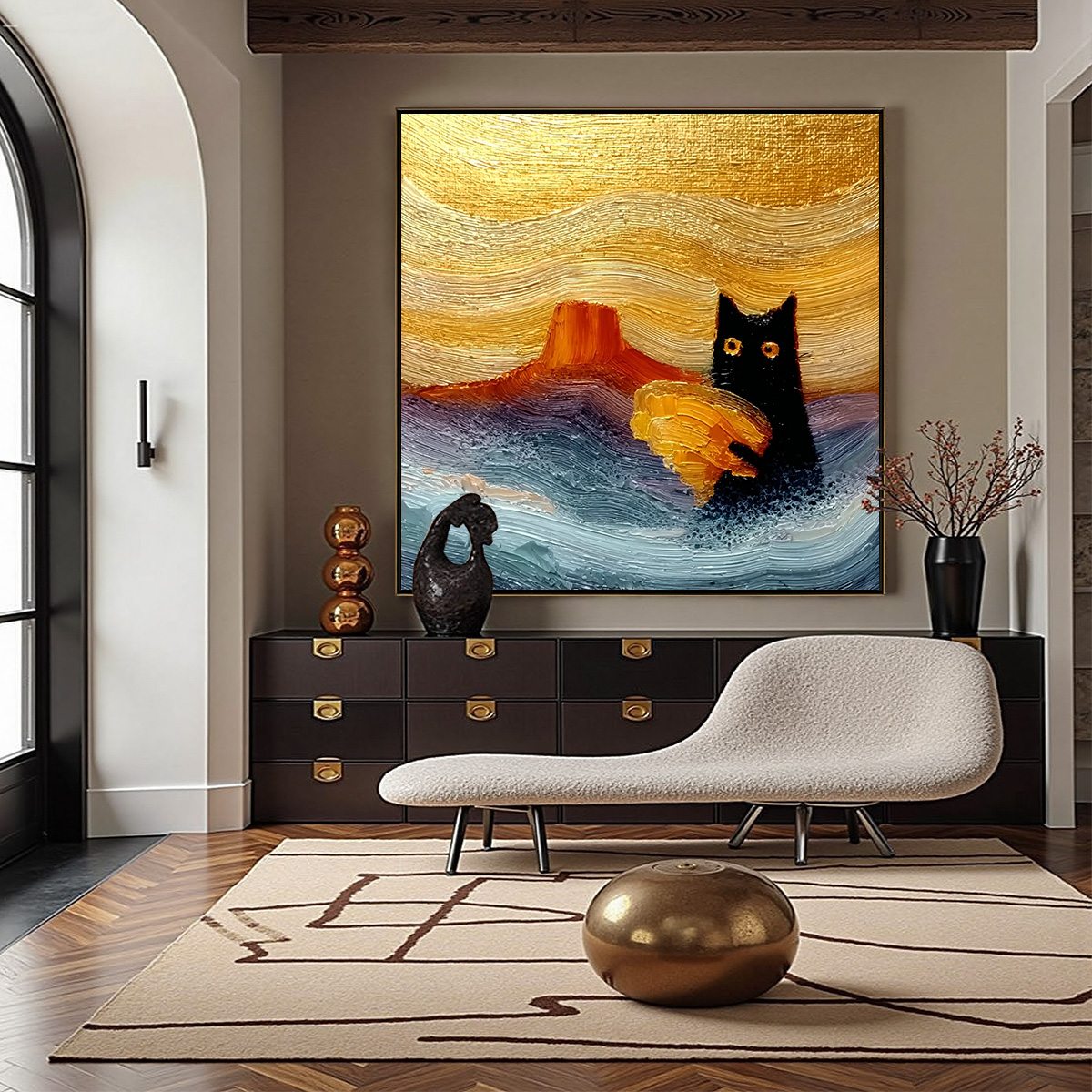 LUNAR THIEF: Whimsical Black Cat Impasto Texture Painting - Image 2
