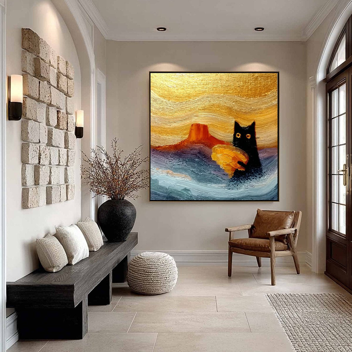 LUNAR THIEF: Whimsical Black Cat Impasto Texture Painting - Image 4