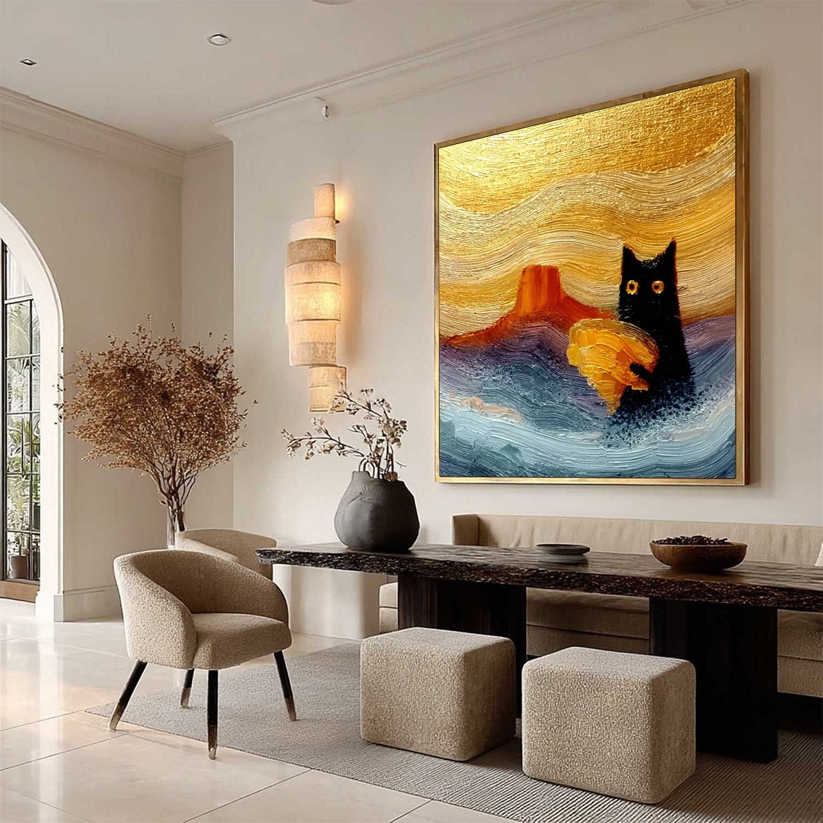 LUNAR THIEF: Whimsical Black Cat Impasto Texture Painting - Image 8