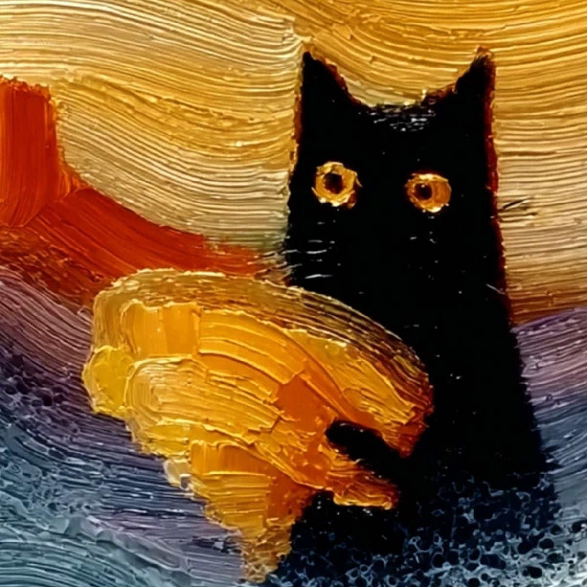 LUNAR THIEF: Whimsical Black Cat Impasto Texture Painting - Image 3