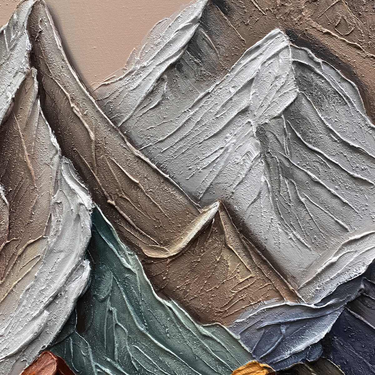 MAJESTIC PEAKS: Textured Impasto Mountain Landscape Painting in Earthy Tones - Image 3