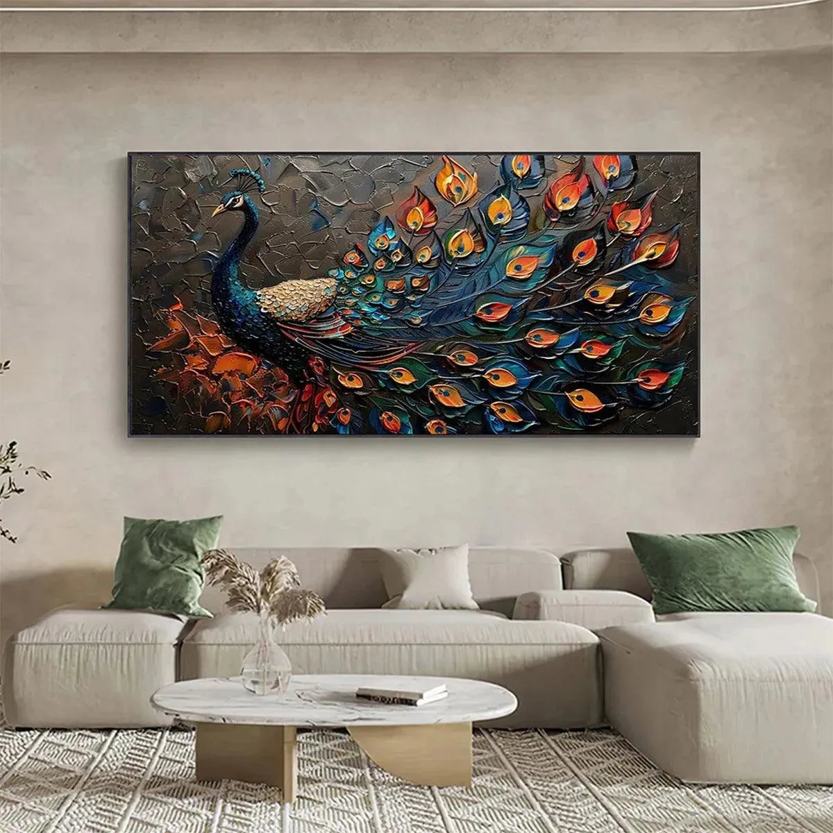 MAJESTIC PLUMAGE: Textured Peacock Painting, Impasto Wall Art, Horizontal Canvas, Animal Decor - Image 7
