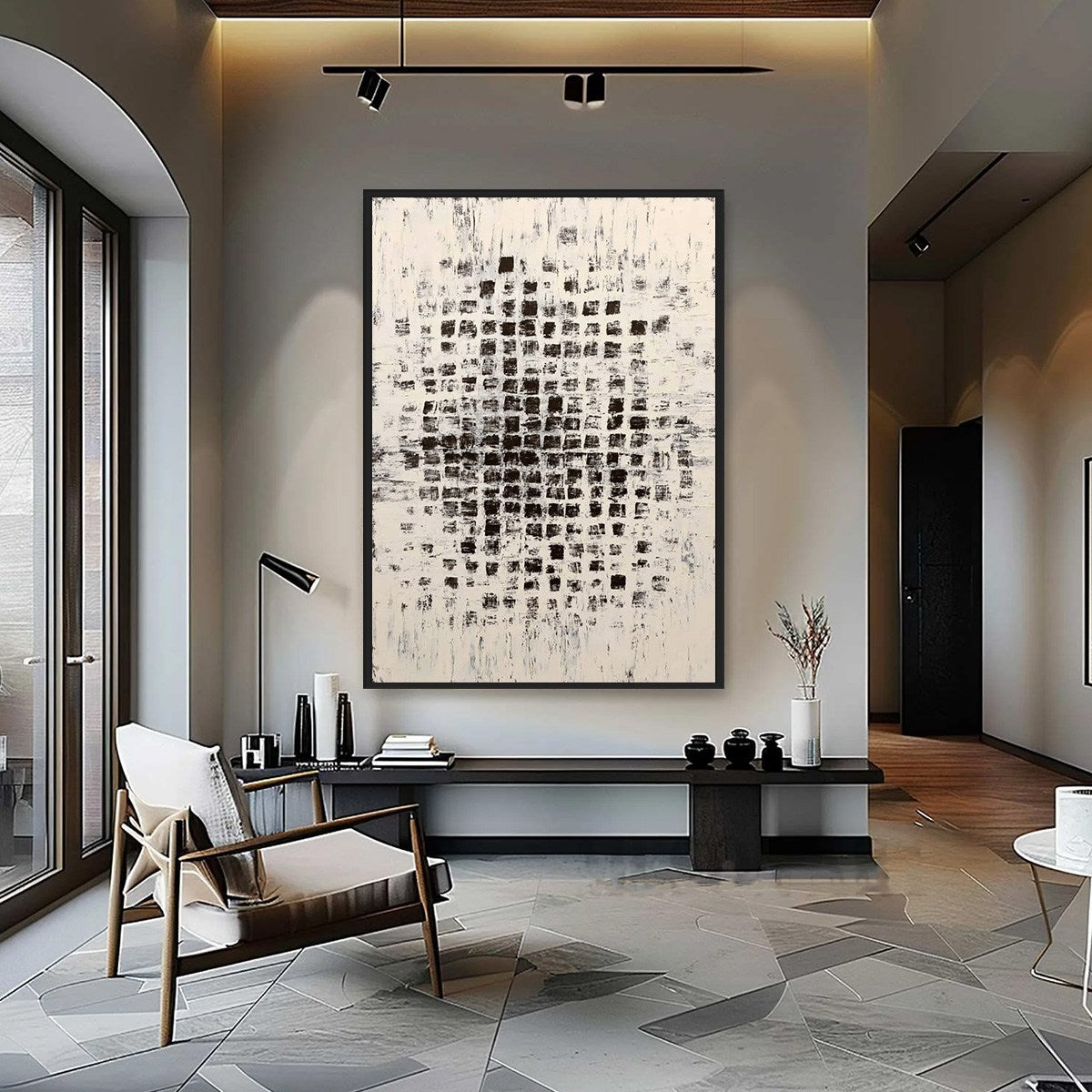 MATRIX: Large Black and White Textured Abstract Grid Painting - Image 2