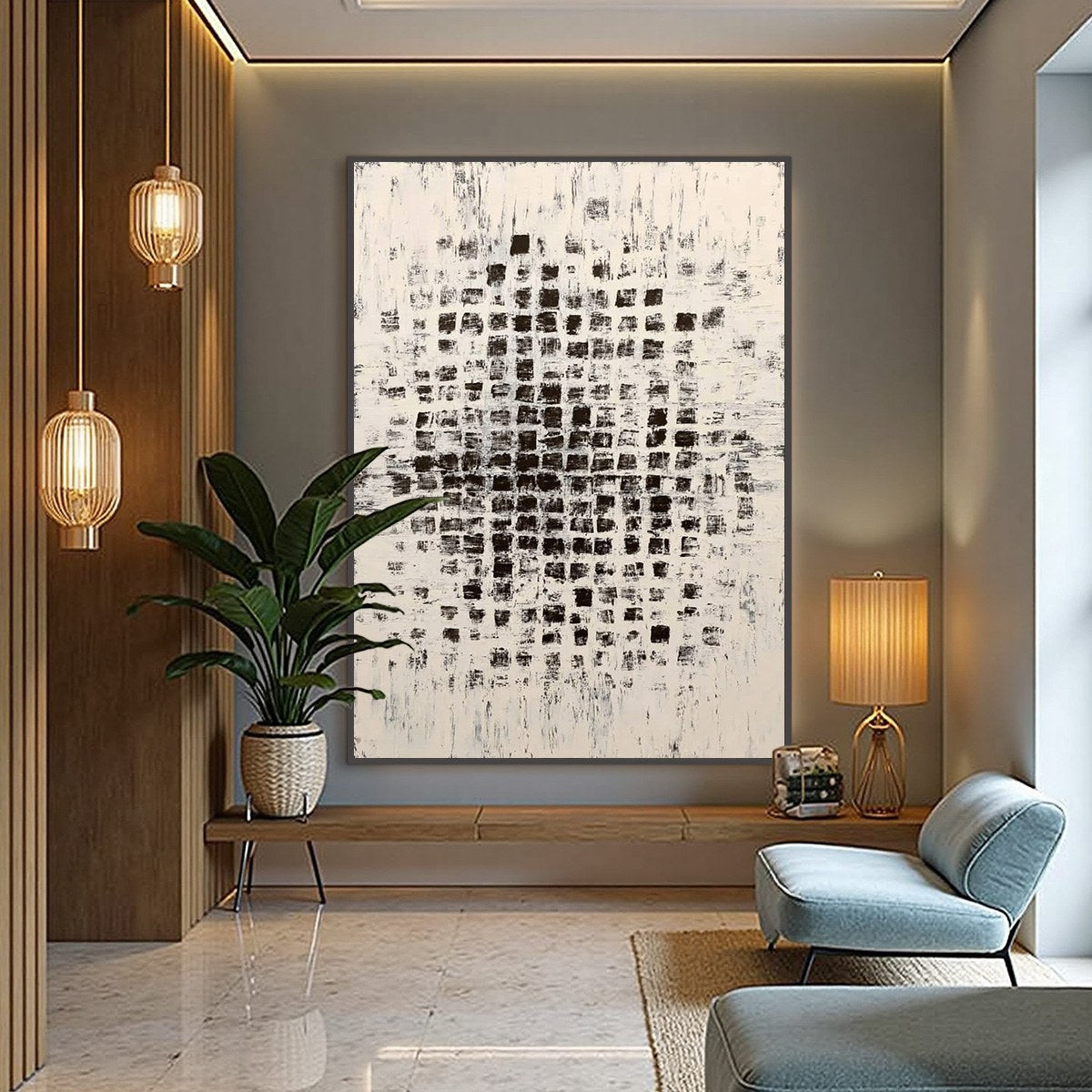 MATRIX: Large Black and White Textured Abstract Grid Painting - Image 4