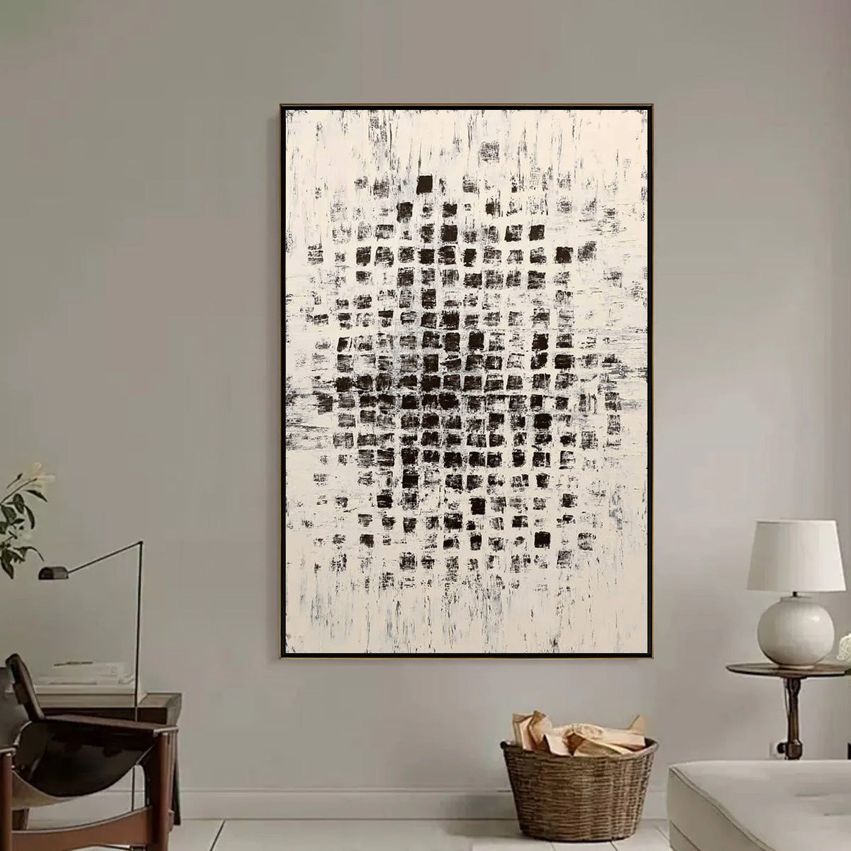 MATRIX: Large Black and White Textured Abstract Grid Painting - Image 6