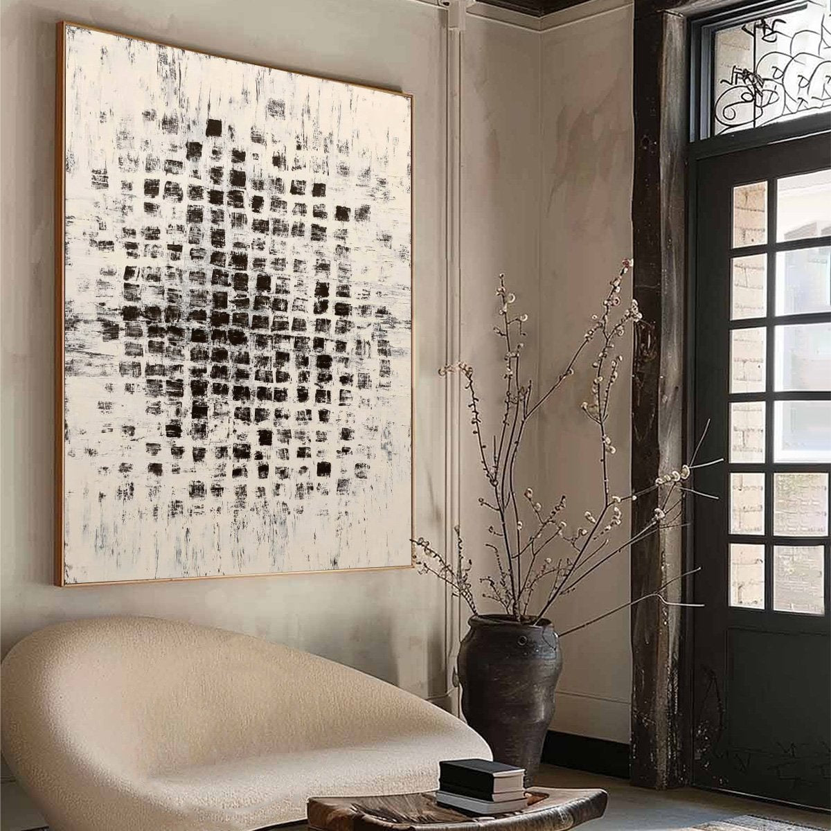 MATRIX: Large Black and White Textured Abstract Grid Painting - Image 8