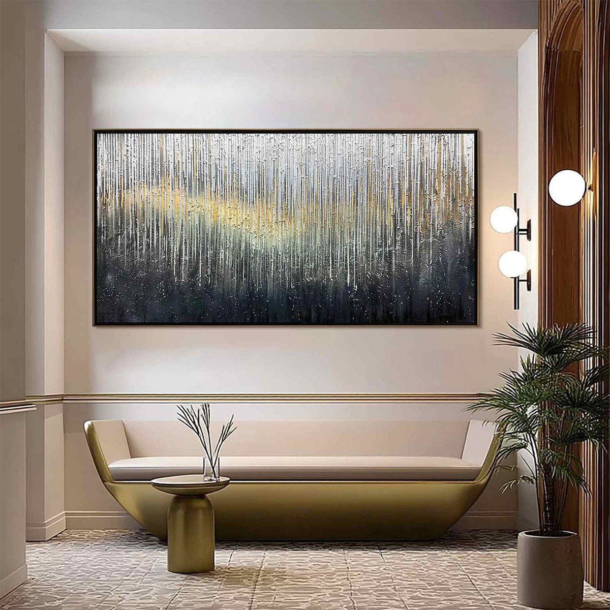 METALLIC CASCADE: Large Textured Abstract Gold and Silver Horizontal Painting - Image 2