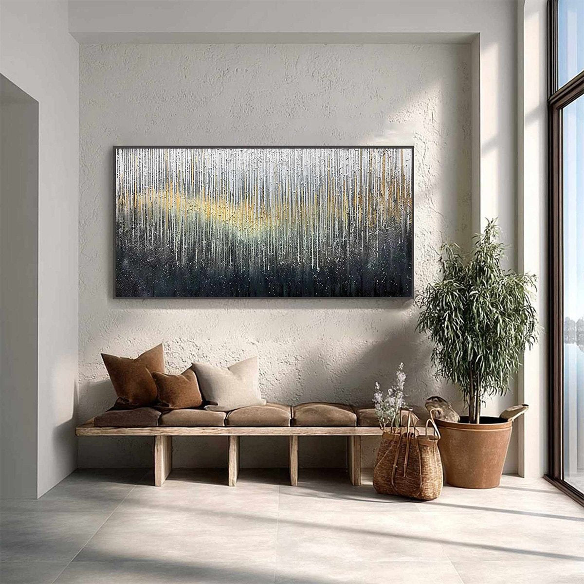 METALLIC CASCADE: Large Textured Abstract Gold and Silver Horizontal Painting - Image 4