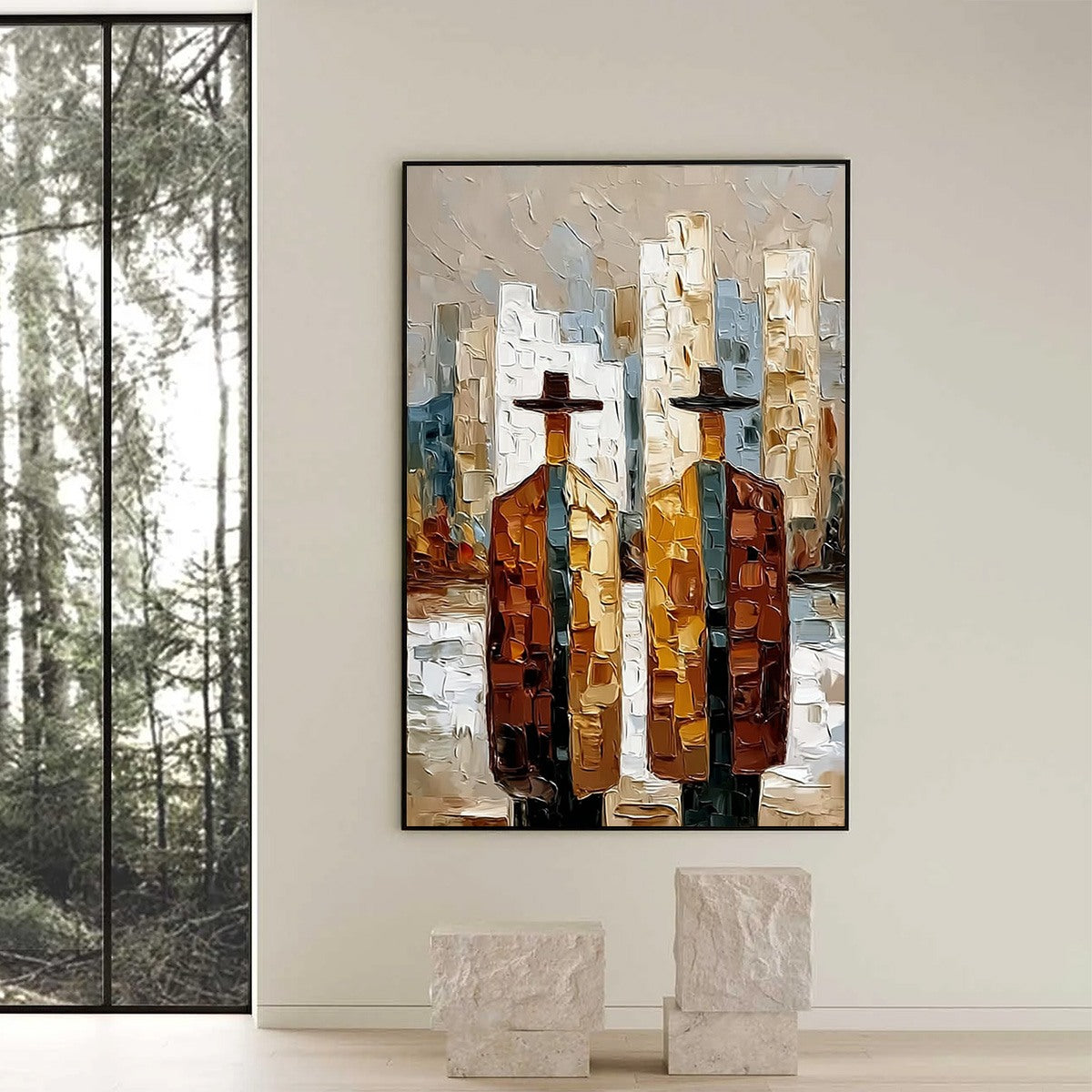 METROPOLIS DUO: Textured Palette Knife Painting of Figures in a City - Image 2