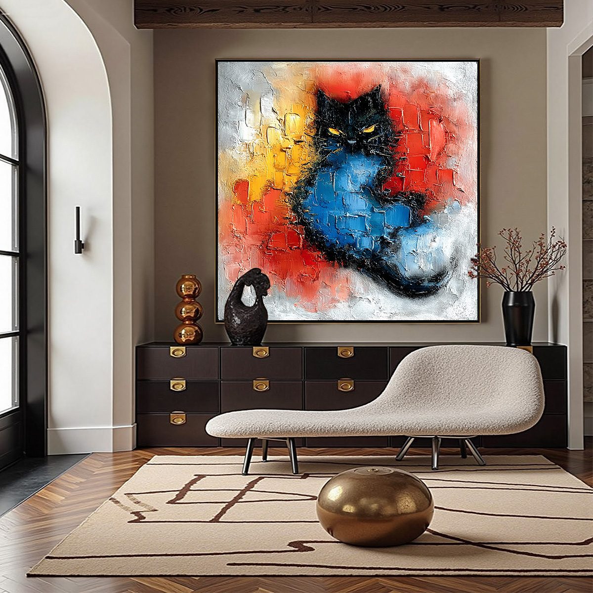 MIDNIGHT EMBER: Textured Impasto Black Cat Painting, Modern Animal Wall Art - Image 4