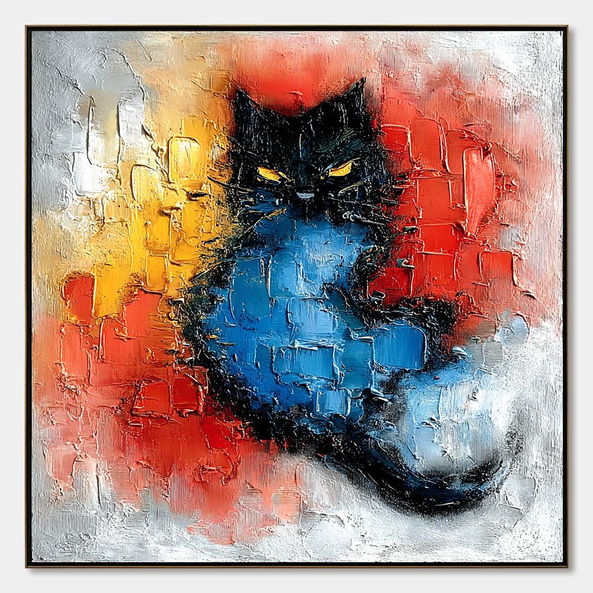 MIDNIGHT EMBER: Textured Impasto Black Cat Painting, Modern Animal Wall Art