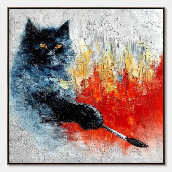 MIDNIGHT PAINTER: Textured Impasto Black Cat Painting with Abstract Colors