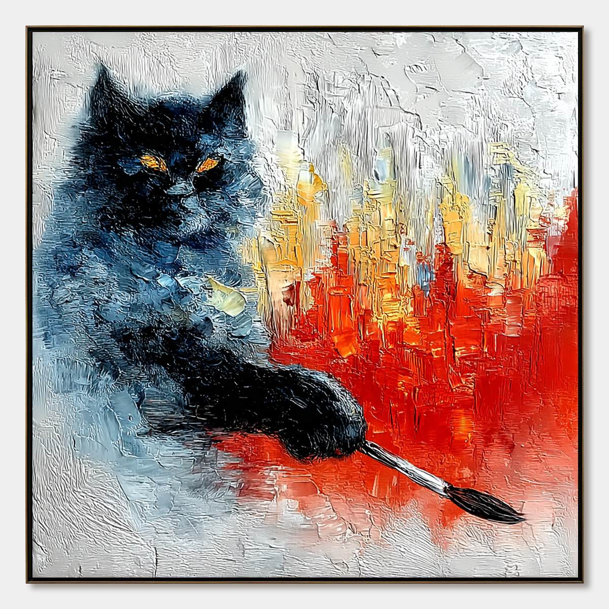 MIDNIGHT PAINTER: Textured Impasto Black Cat Painting with Abstract Colors