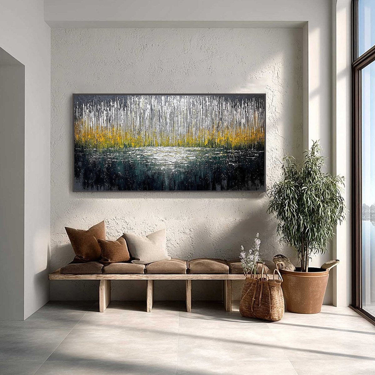 MIDNIGHT REFLECTIONS: Textured Abstract Gold and Silver Landscape Painting - Image 2