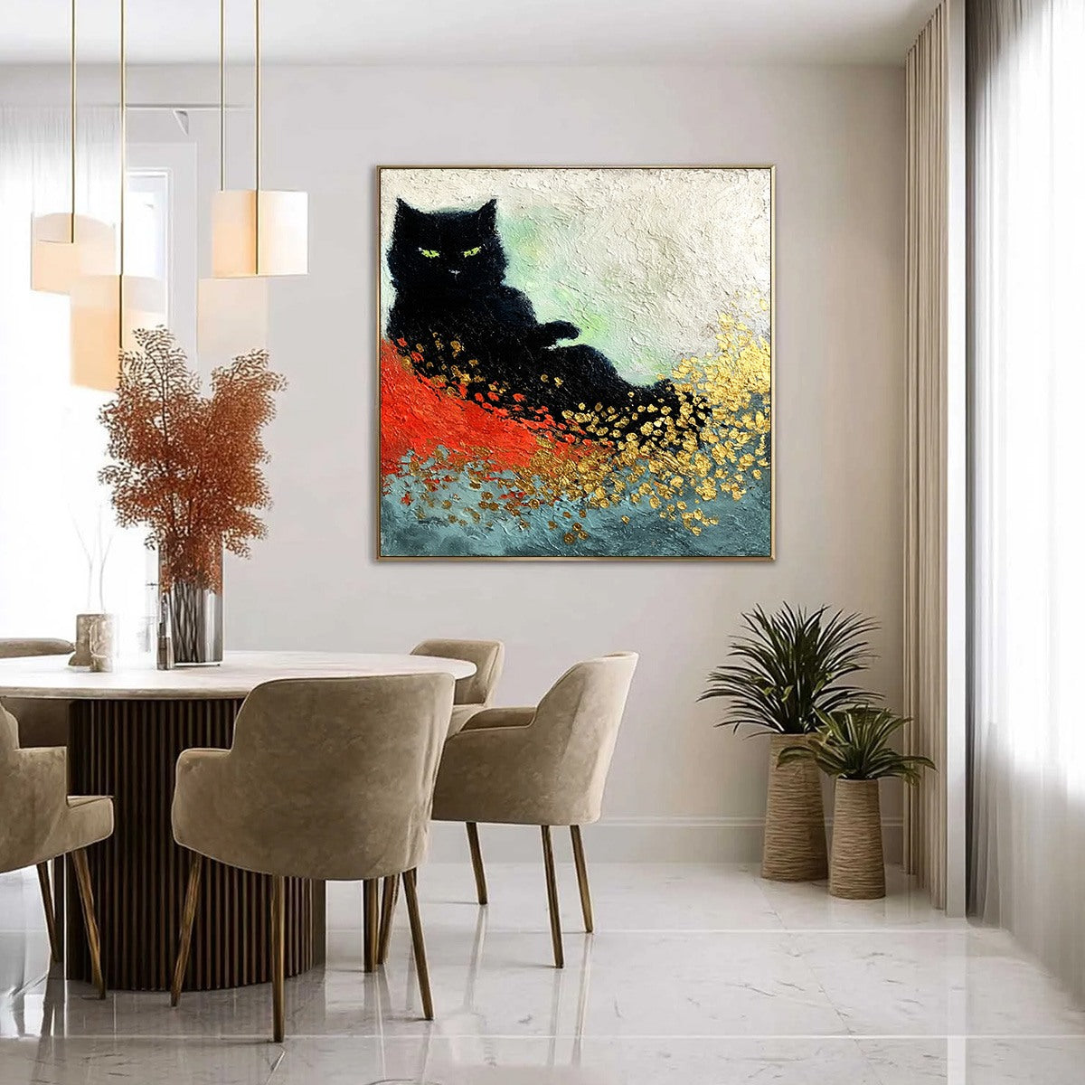 MIDNIGHT REIGN: Abstract Black Cat Painting with Gold Leaf Texture - Image 4