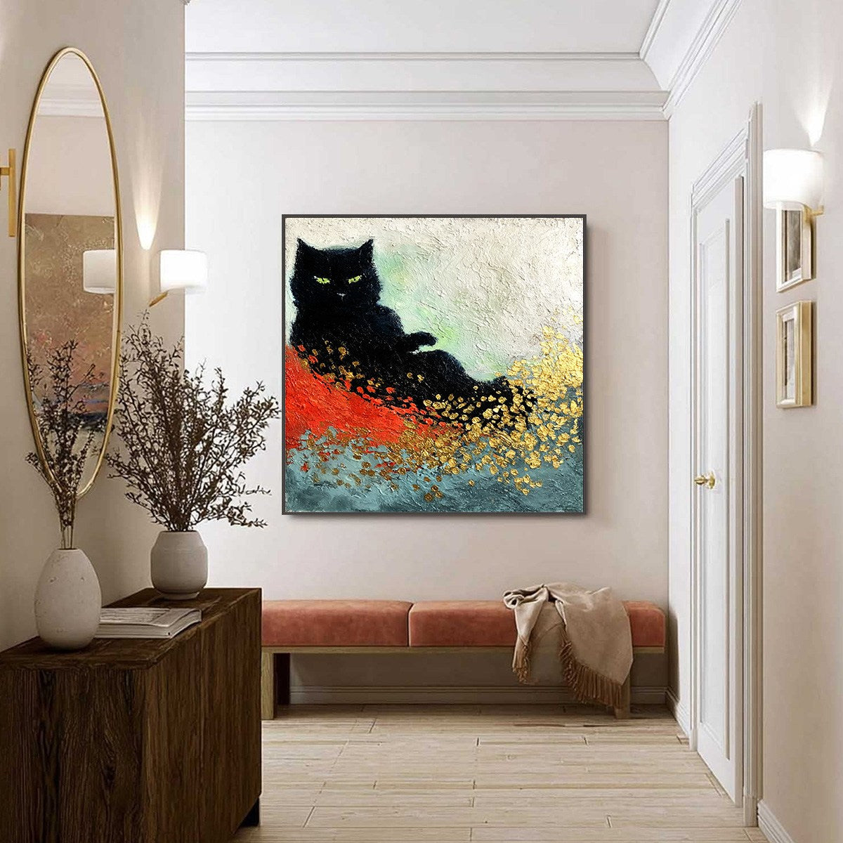 MIDNIGHT REIGN: Abstract Black Cat Painting with Gold Leaf Texture - Image 6