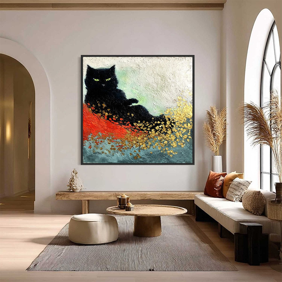 MIDNIGHT REIGN: Abstract Black Cat Painting with Gold Leaf Texture - Image 2