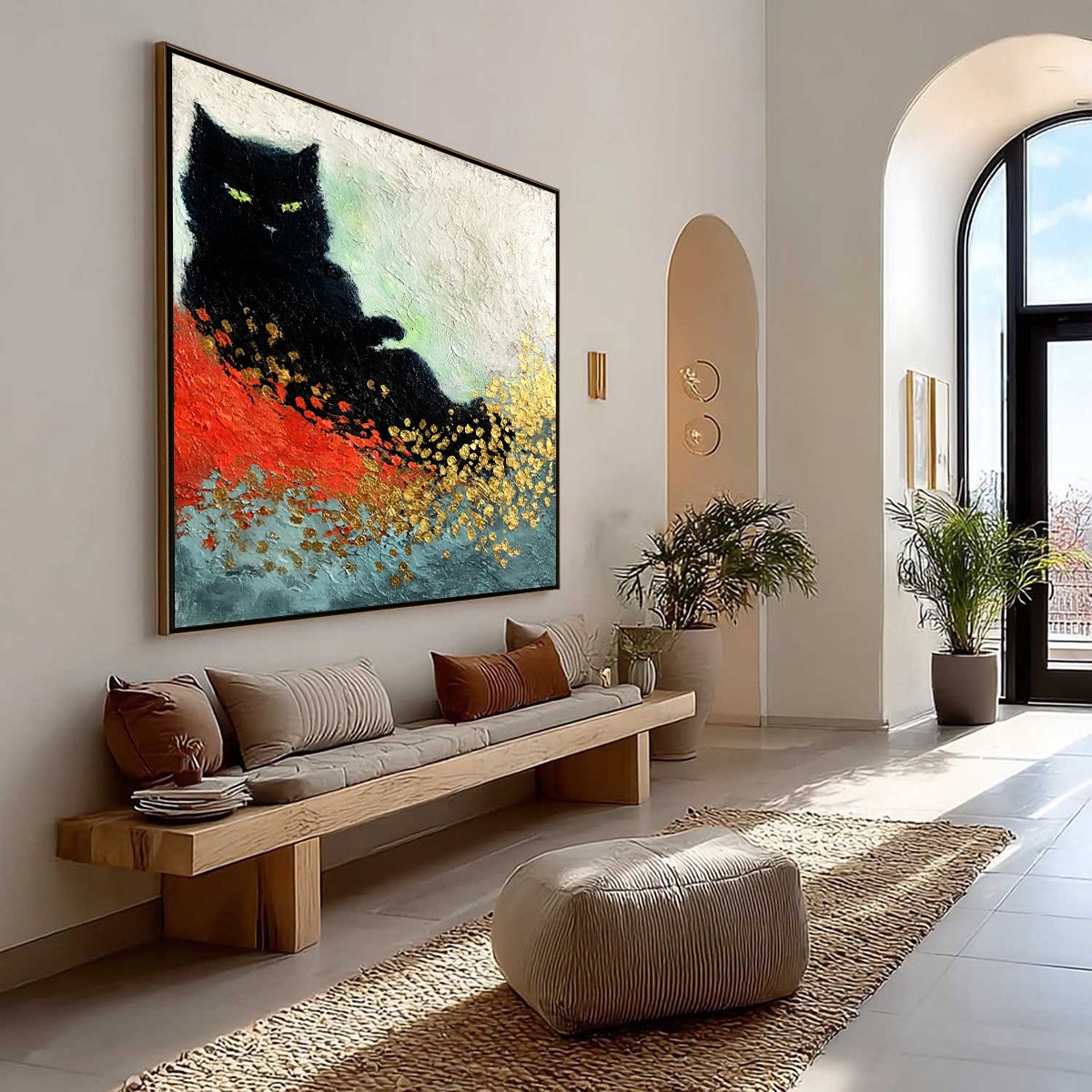 MIDNIGHT REIGN: Abstract Black Cat Painting with Gold Leaf Texture - Image 7