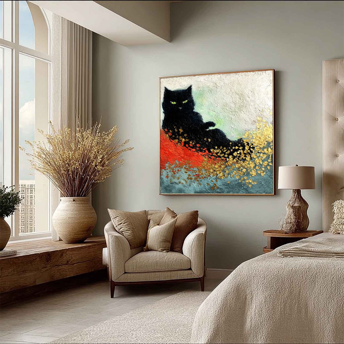 MIDNIGHT REIGN: Abstract Black Cat Painting with Gold Leaf Texture - Image 8