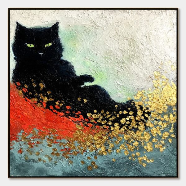 MIDNIGHT REIGN: Abstract Black Cat Painting with Gold Leaf Texture