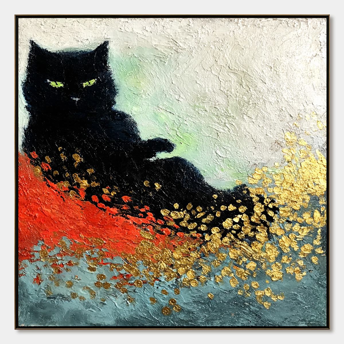 MIDNIGHT REIGN: Abstract Black Cat Painting with Gold Leaf Texture