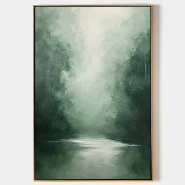 MISTY GREEN FOREST: Atmospheric Forest Landscape Painting, Vertical Wall Art