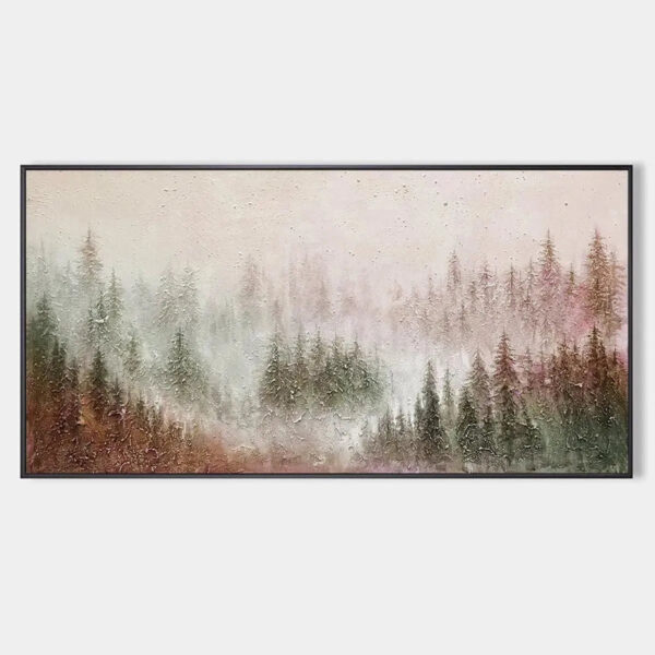 MISTY PINES: Panoramic Misty Forest Landscape Oil Painting