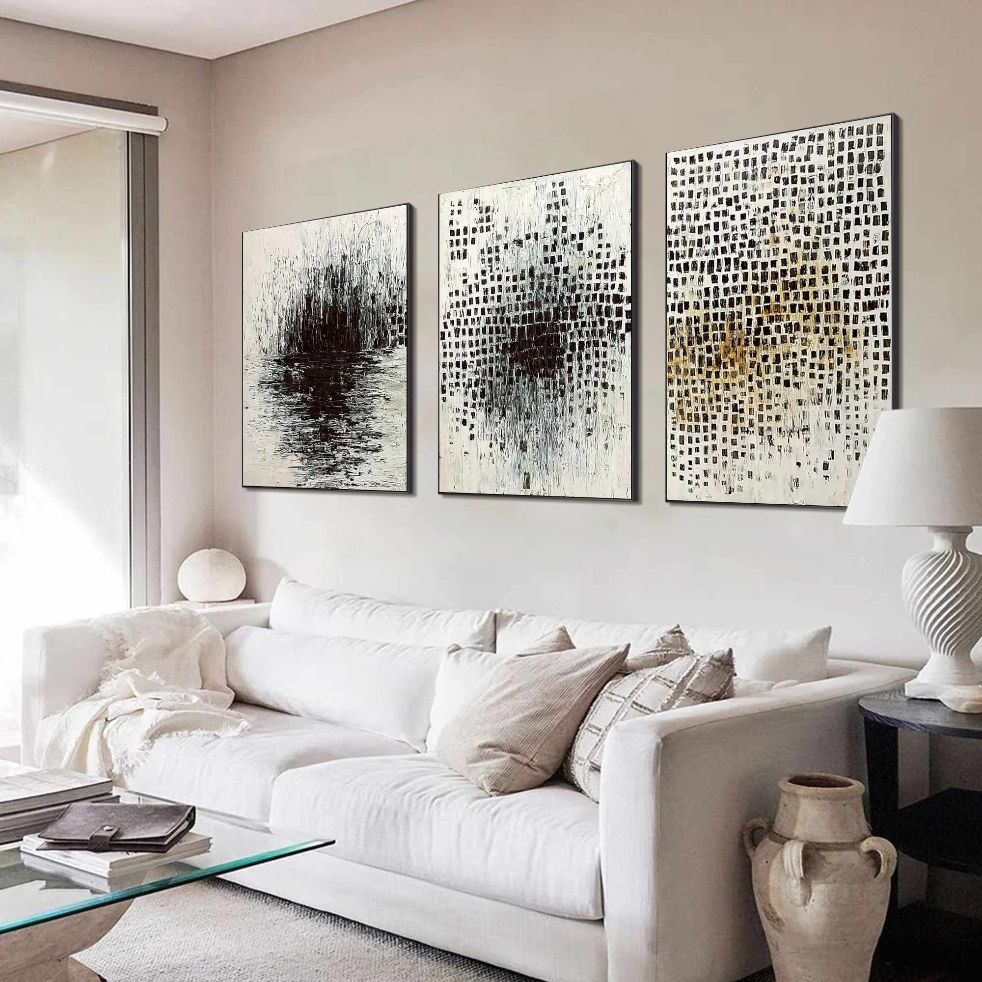 MONOCHROME METAMORPHOSIS: Wabi Sabi Textured Abstract Triptych - Image 7