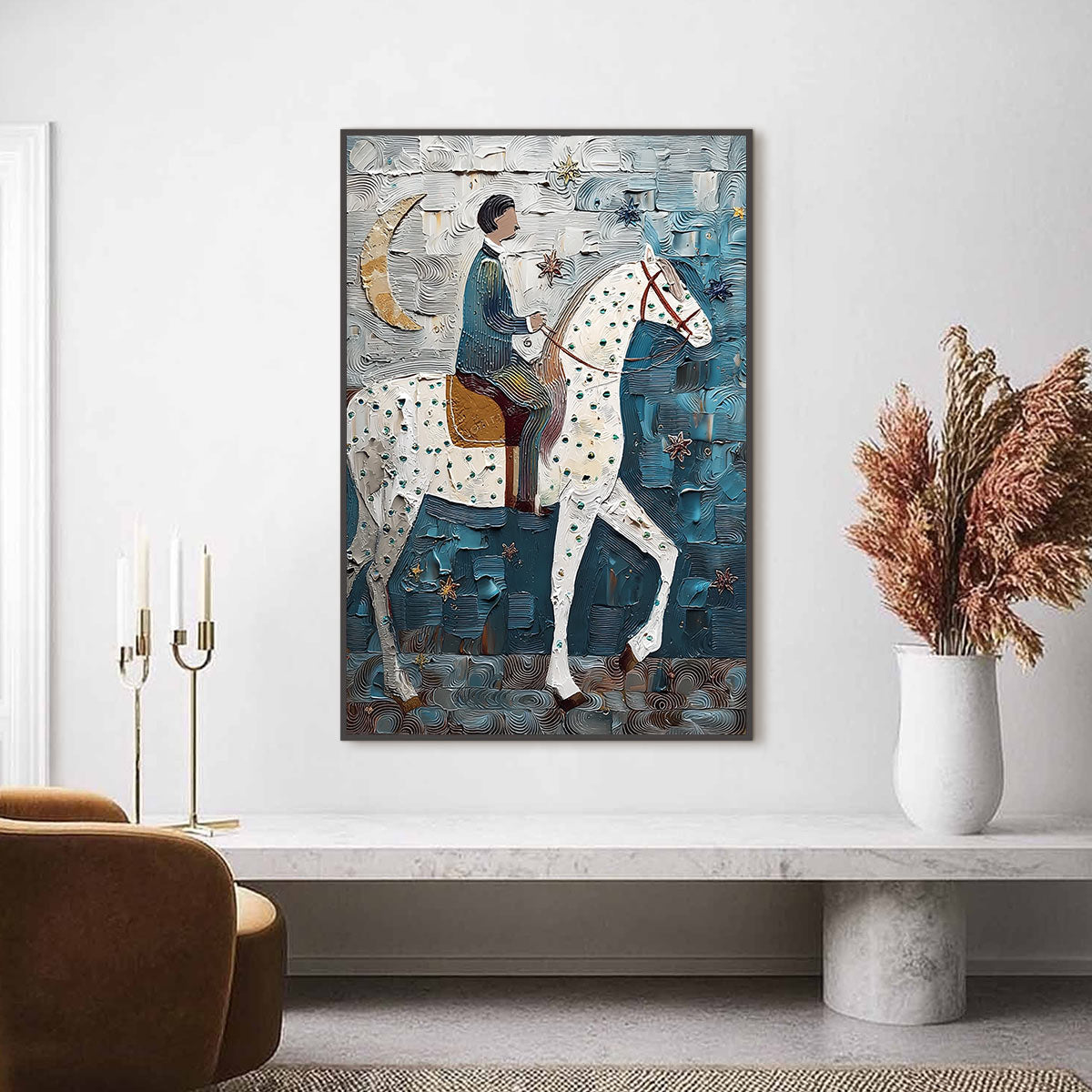 MOONLIT ODYSSEY: Textured Figurative Painting of a Man on Horseback - Image 2