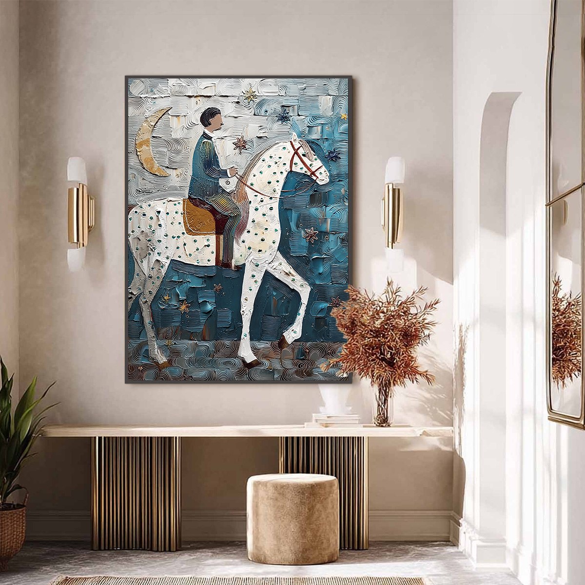 MOONLIT ODYSSEY: Textured Figurative Painting of a Man on Horseback - Image 4